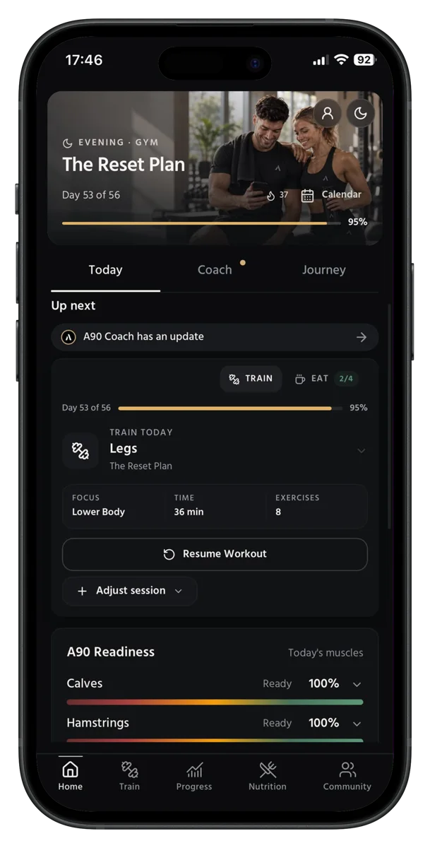 A90 home tab showing today's training and readiness score