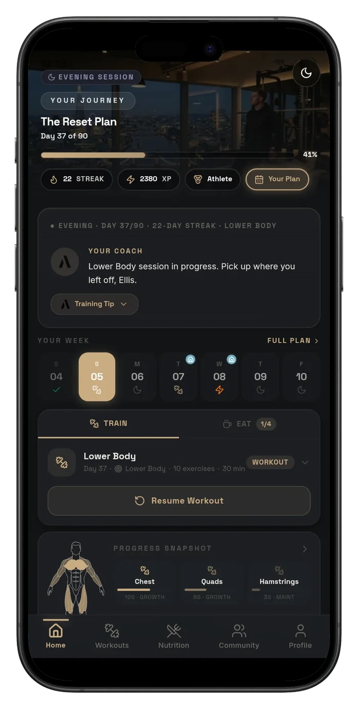 A90 home dashboard showing today's session, streak and phase progress