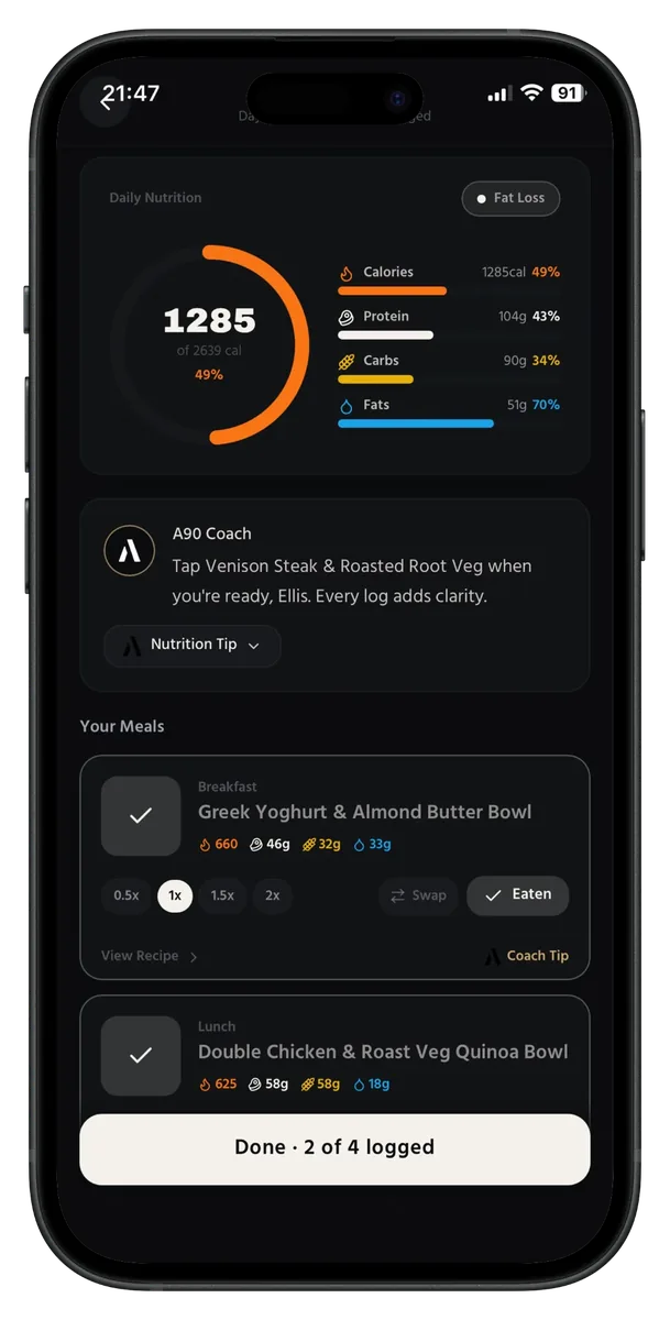A90 meal log showing the day's calorie ring, protein, carbs and fats with meals marked as eaten