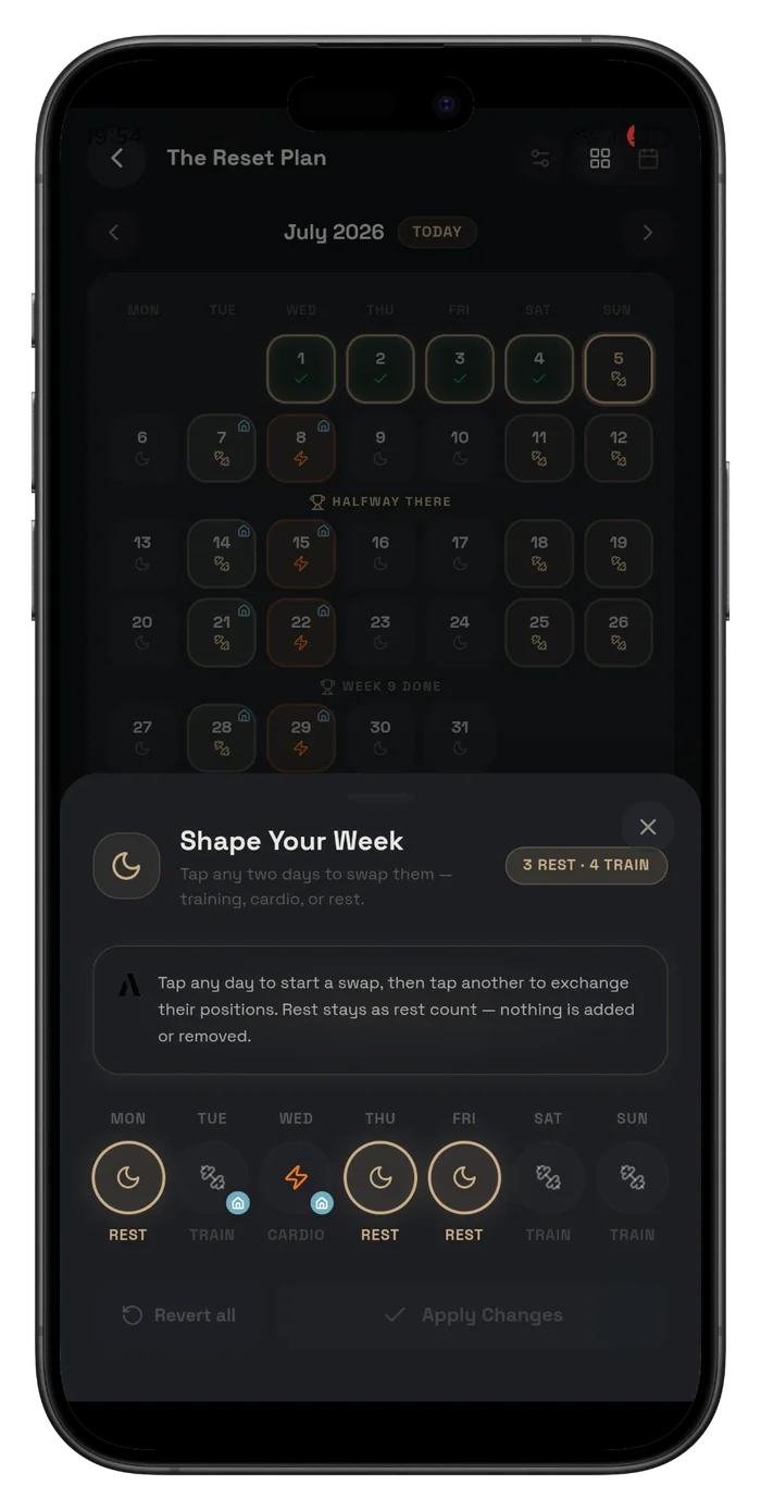Shape Your Week in the A90 app, swapping a training day for a rest day