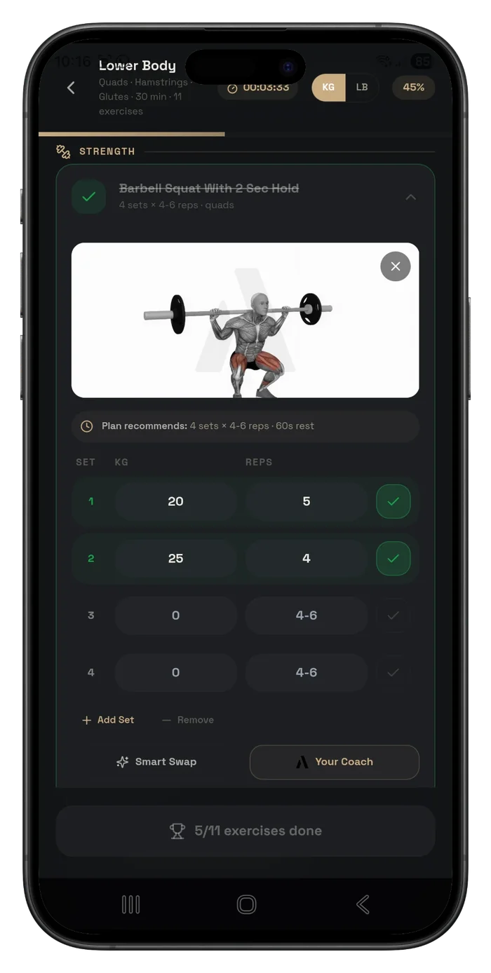 A90 Training Club workout screen with exercises, sets and reps