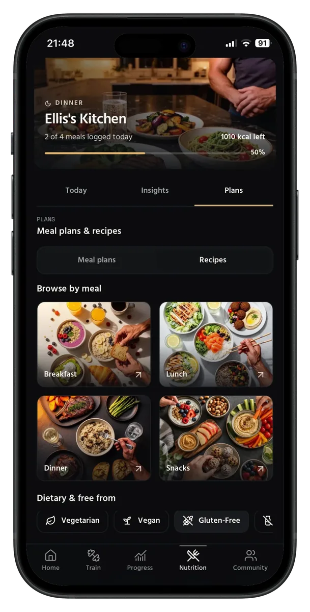 A90 meal plans browse screen with breakfast, lunch, dinner and snacks plus dietary and free-from filters
