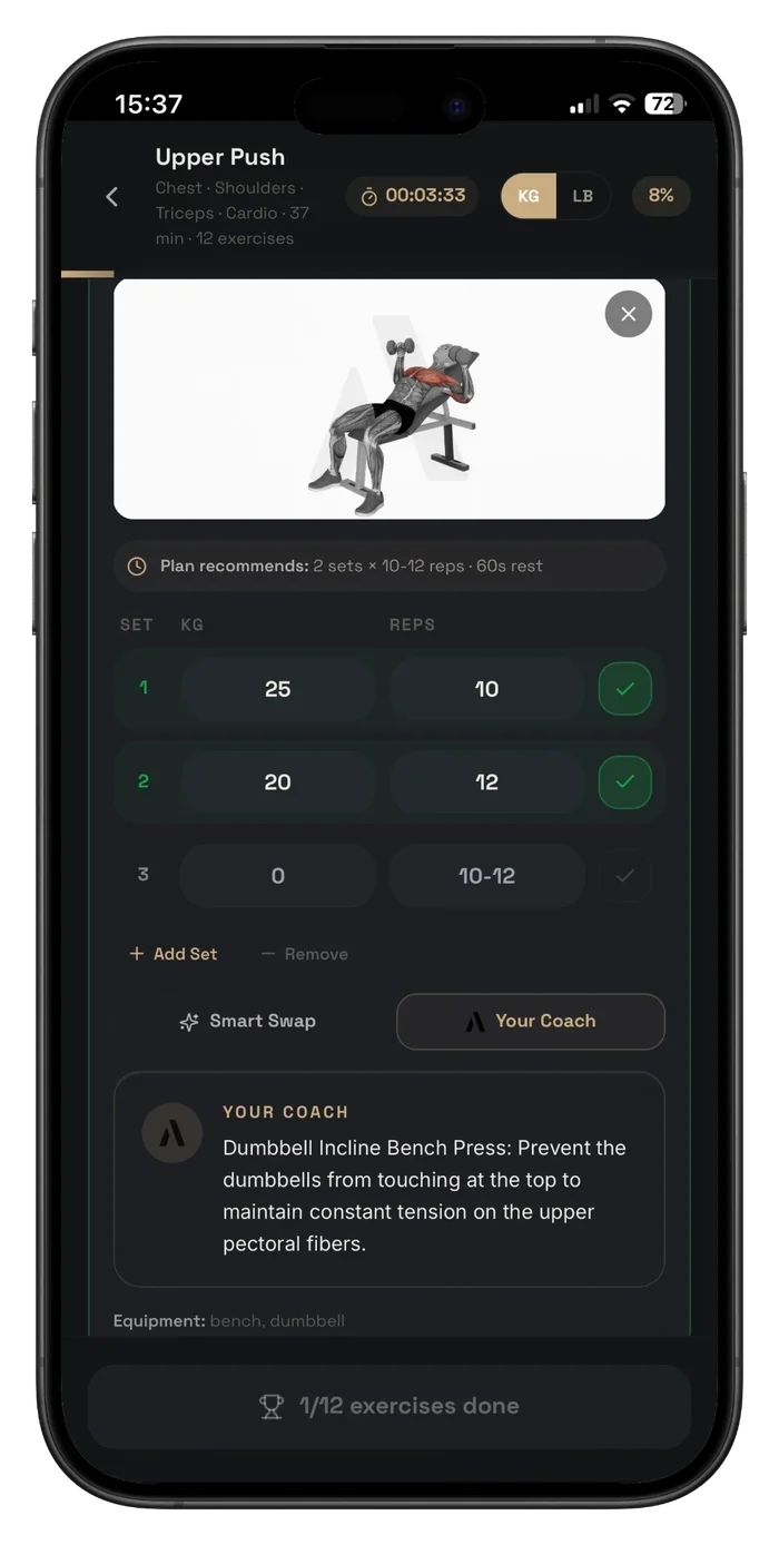 A90 Training Club workout screen logging sets, reps and weight with exercise demonstration