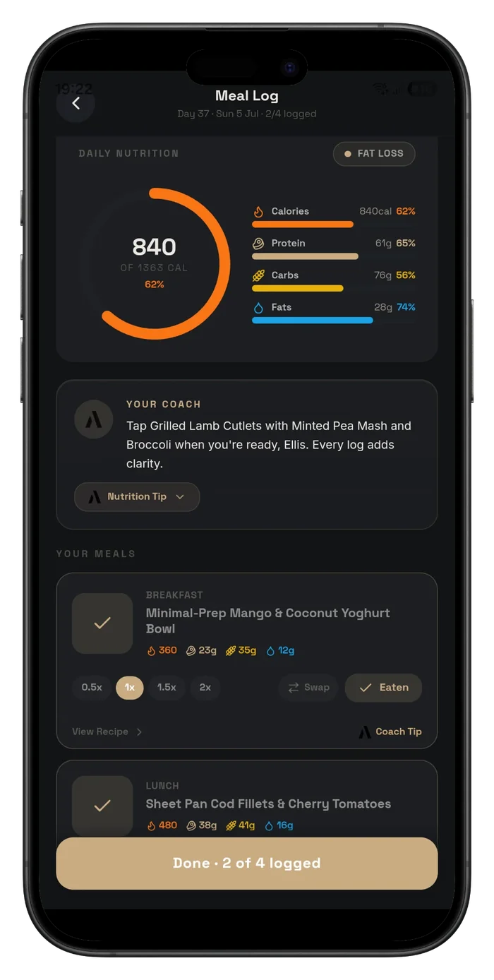 A90 Training Club meal log showing calories and macros tracked per meal