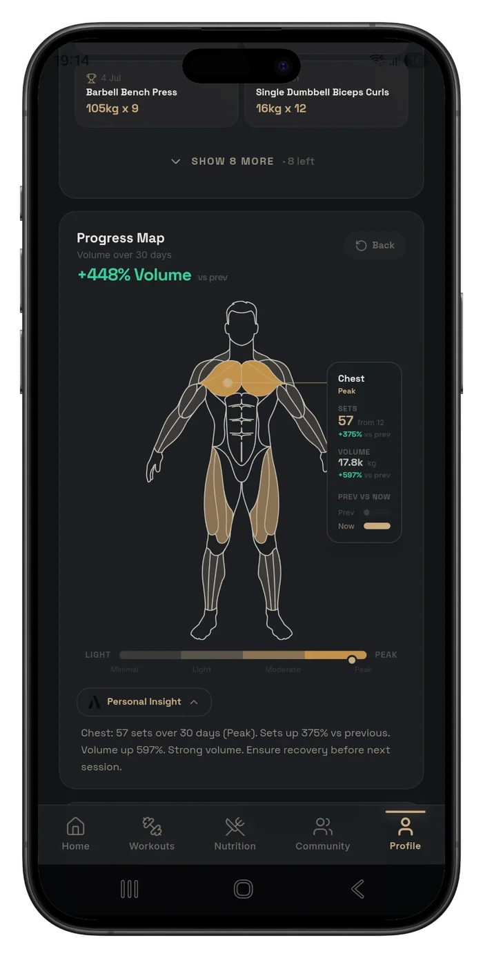 A90 body map showing muscle progress