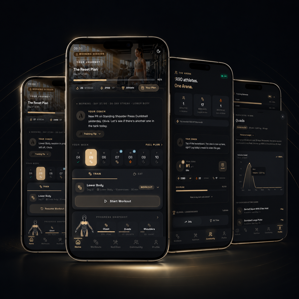 A90 Training Club app shown across four smartphone screens